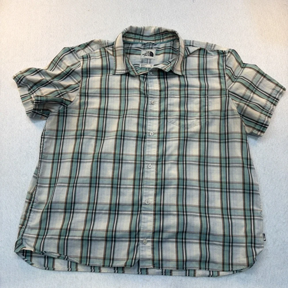 The North Face Shirt Mens 2XL Outdoor Hiking Button Up Green Plaid‎ Short Sleeve
